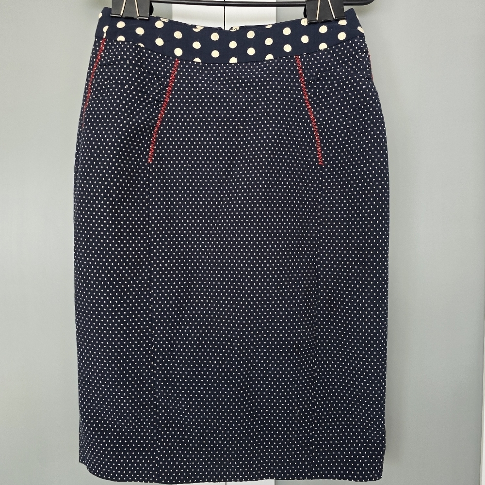 Yoana Baraschi Designer Blue White Polka Dot Skirt Red Zig Zag Stitch size 6